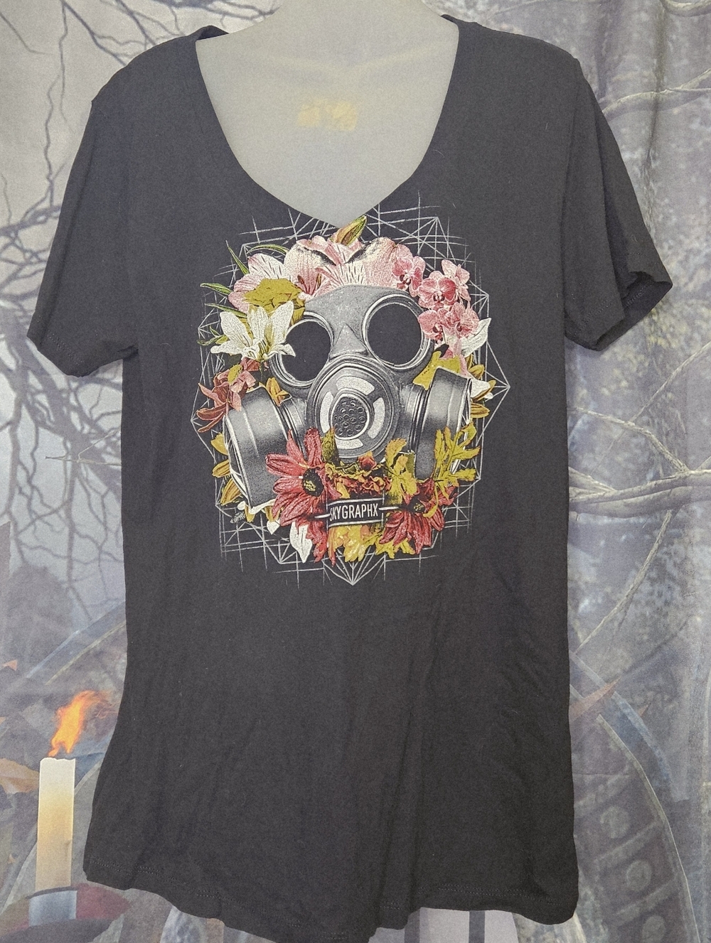 Black Graphic Tee with Floral Gas Mask Print